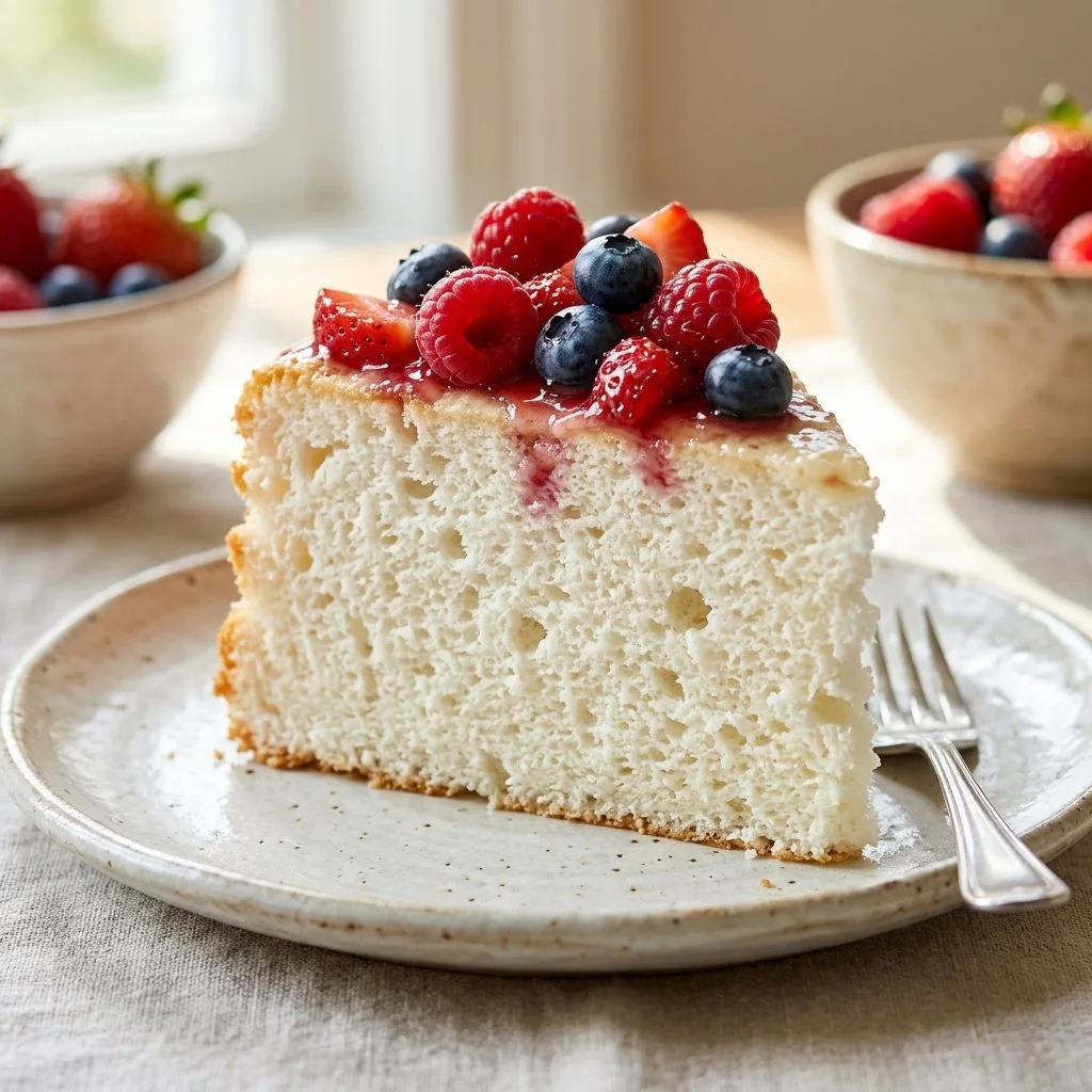 A slice of light and fluffy Angel Food Cake with fresh strawberries on top