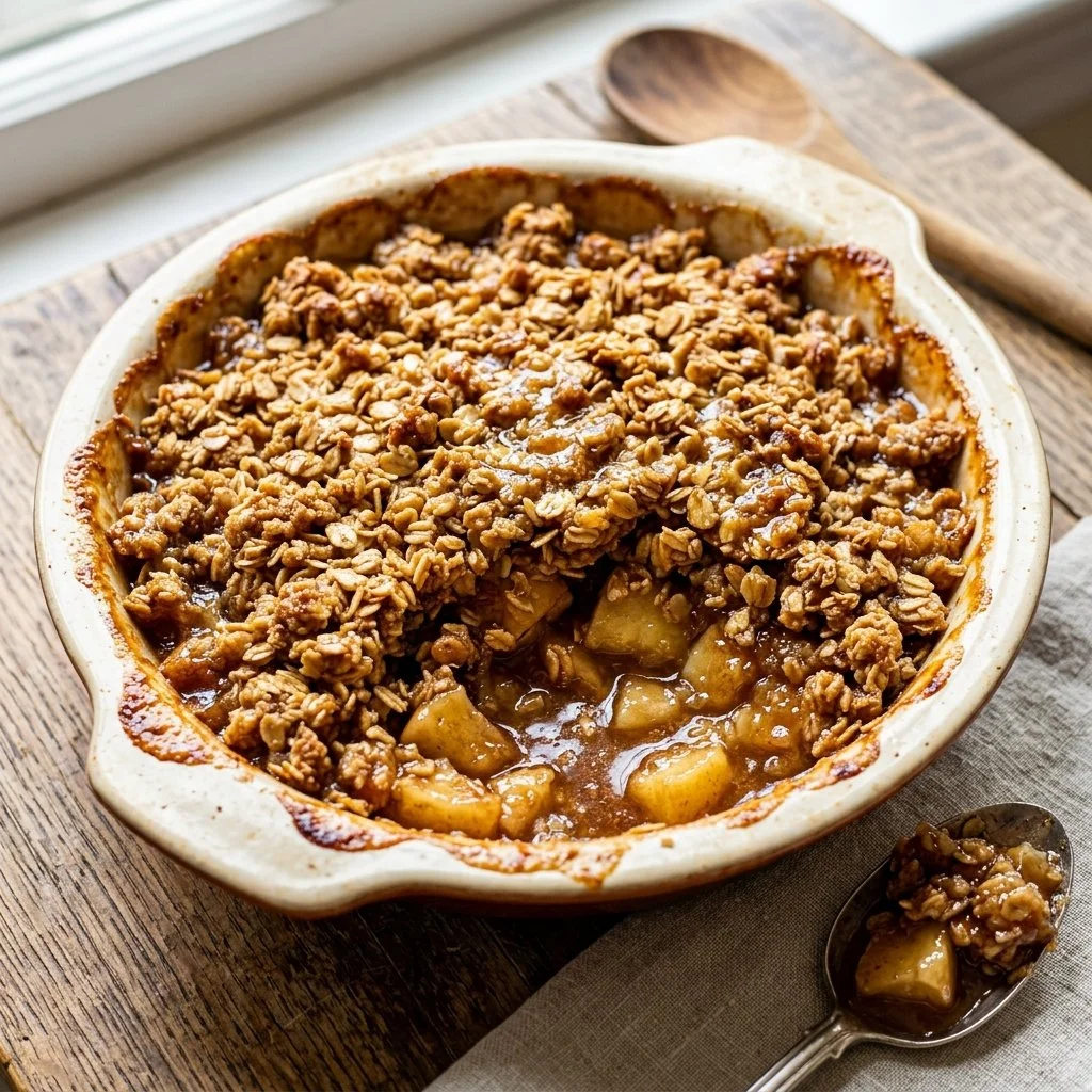 Homemade apple crisp with a golden-brown topping and fresh apples