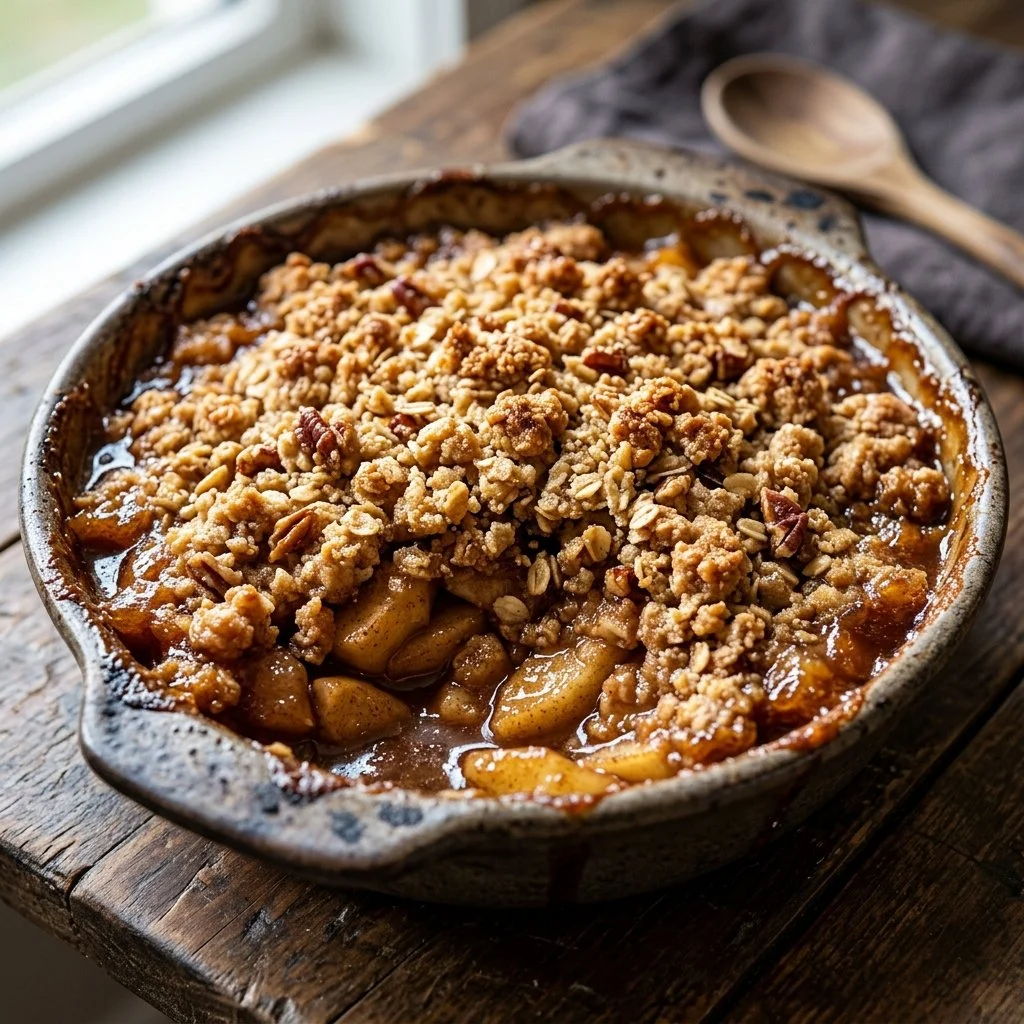 Delicious homemade apple crisp dessert with a golden topping and fresh apples