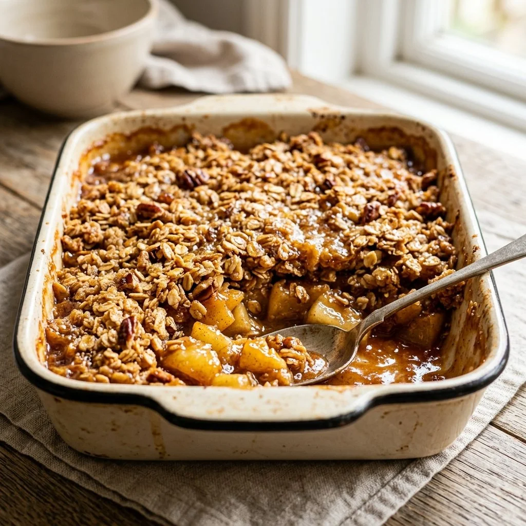 Delicious homemade apple crisp dessert with a crunchy topping and fresh apples