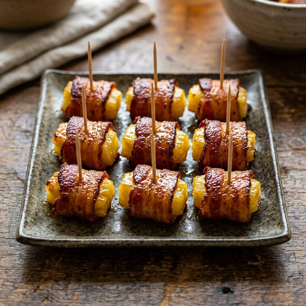 Bacon wrapped pineapple bites on a serving platter ready to enjoy.