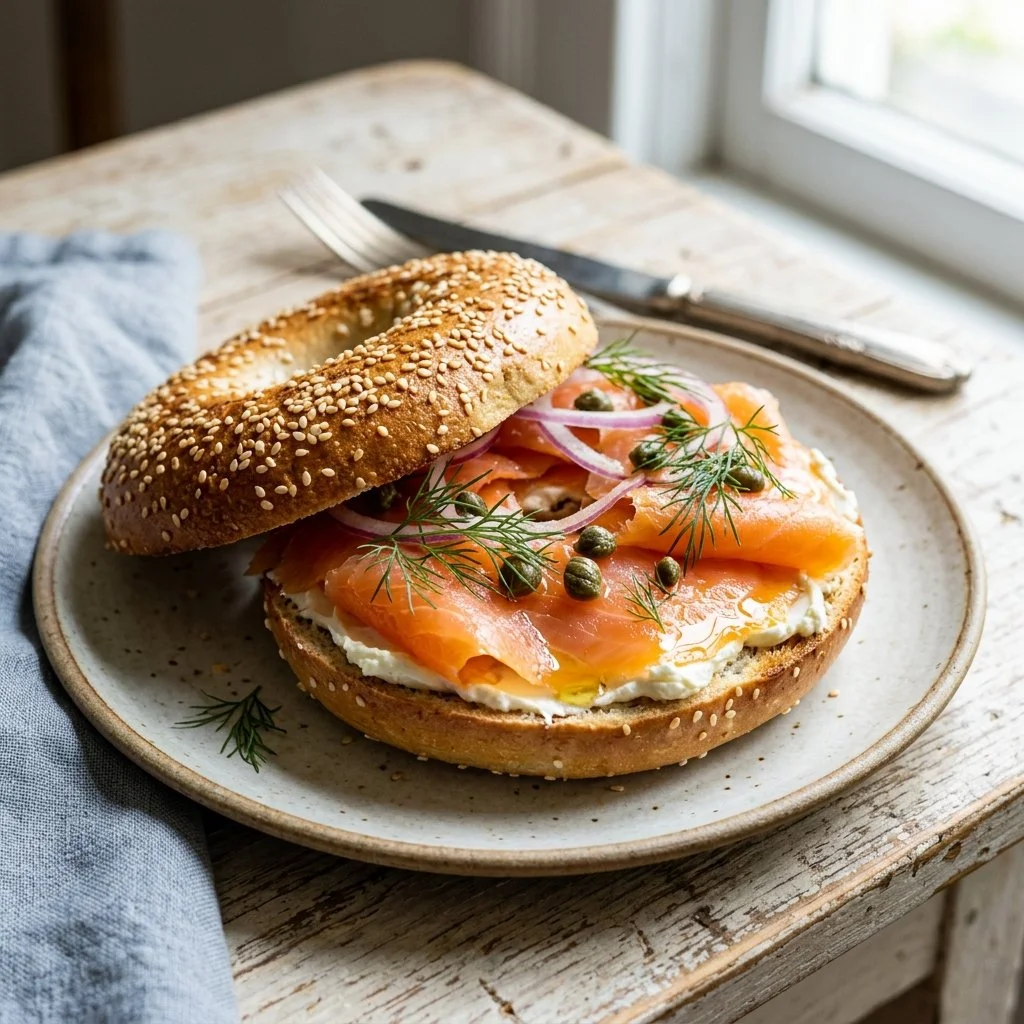 Delicious bagel topped with fresh lox, cream cheese, and capers.