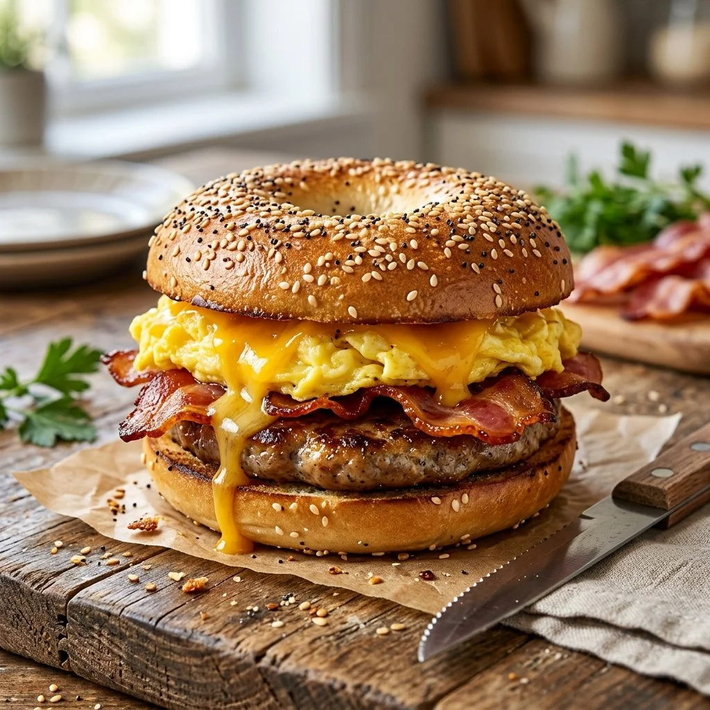 Delicious bagel breakfast sandwich with egg, cheese, and bacon.