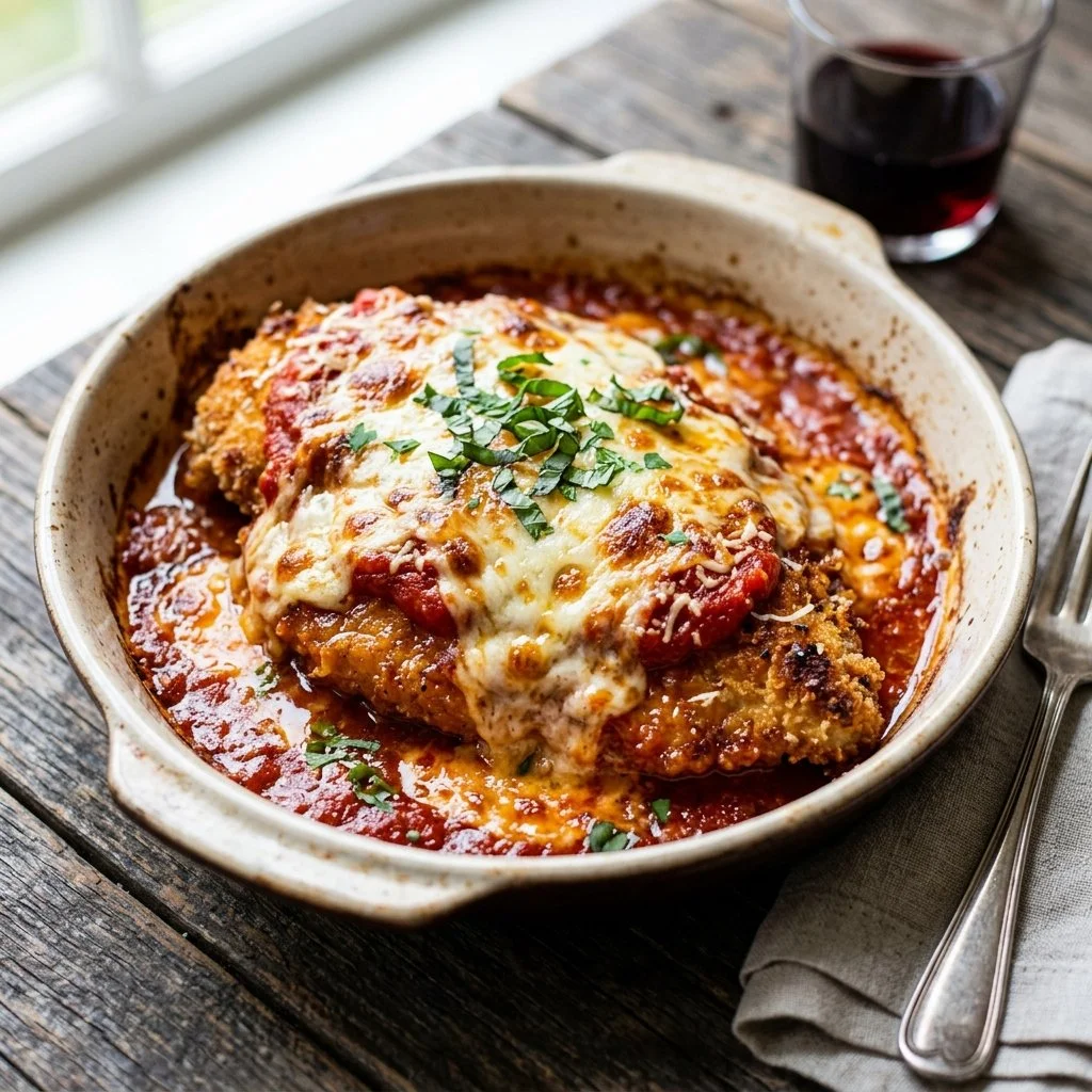 Delicious baked chicken parmesan with melted cheese and herbs