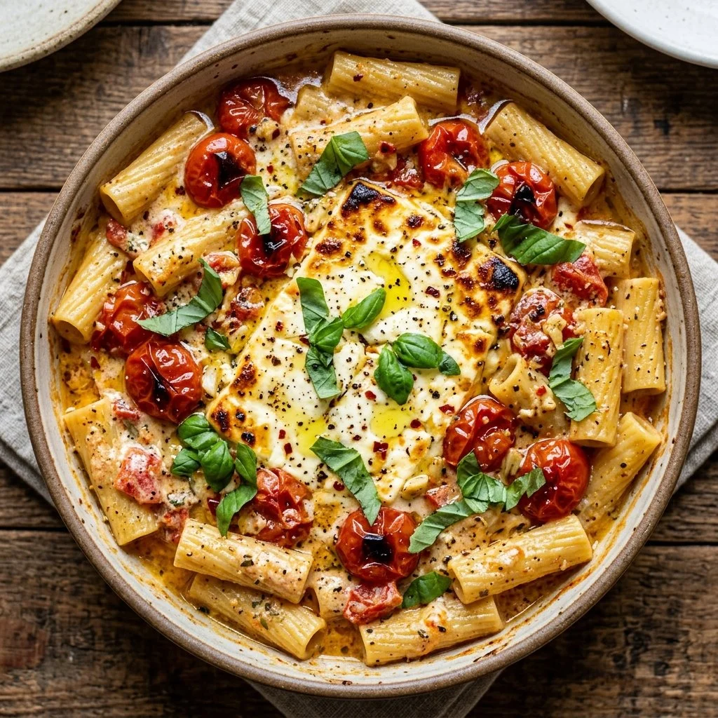 Delicious baked feta pasta with tomatoes and herbs ready to serve.