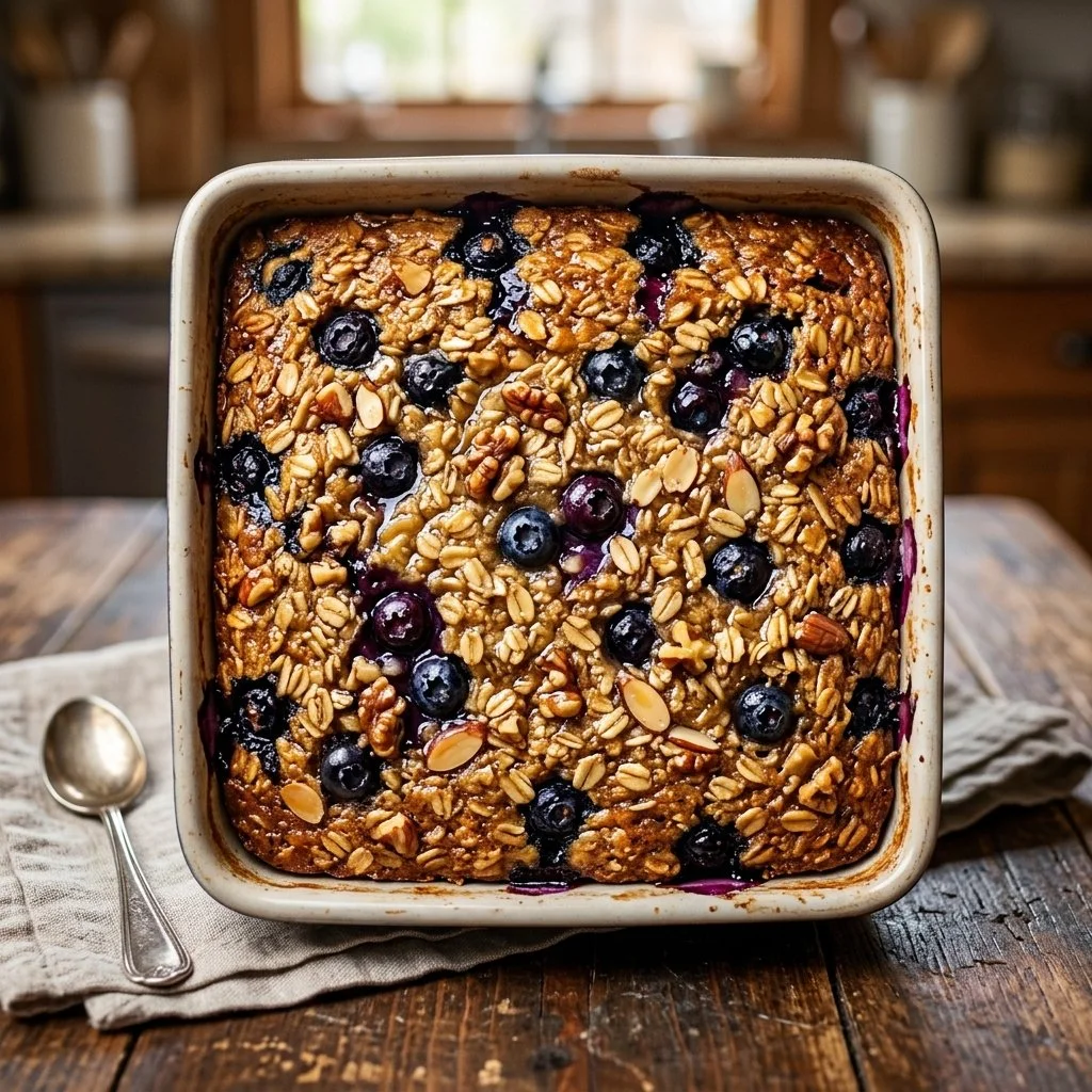 Delicious baked oatmeal served in a bowl with fresh fruits and nuts