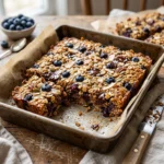 Delicious baked oatmeal bars topped with fresh fruits and nuts