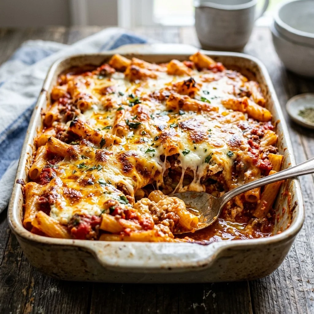 A hearty dish of baked ziti topped with melted cheese and fresh herbs