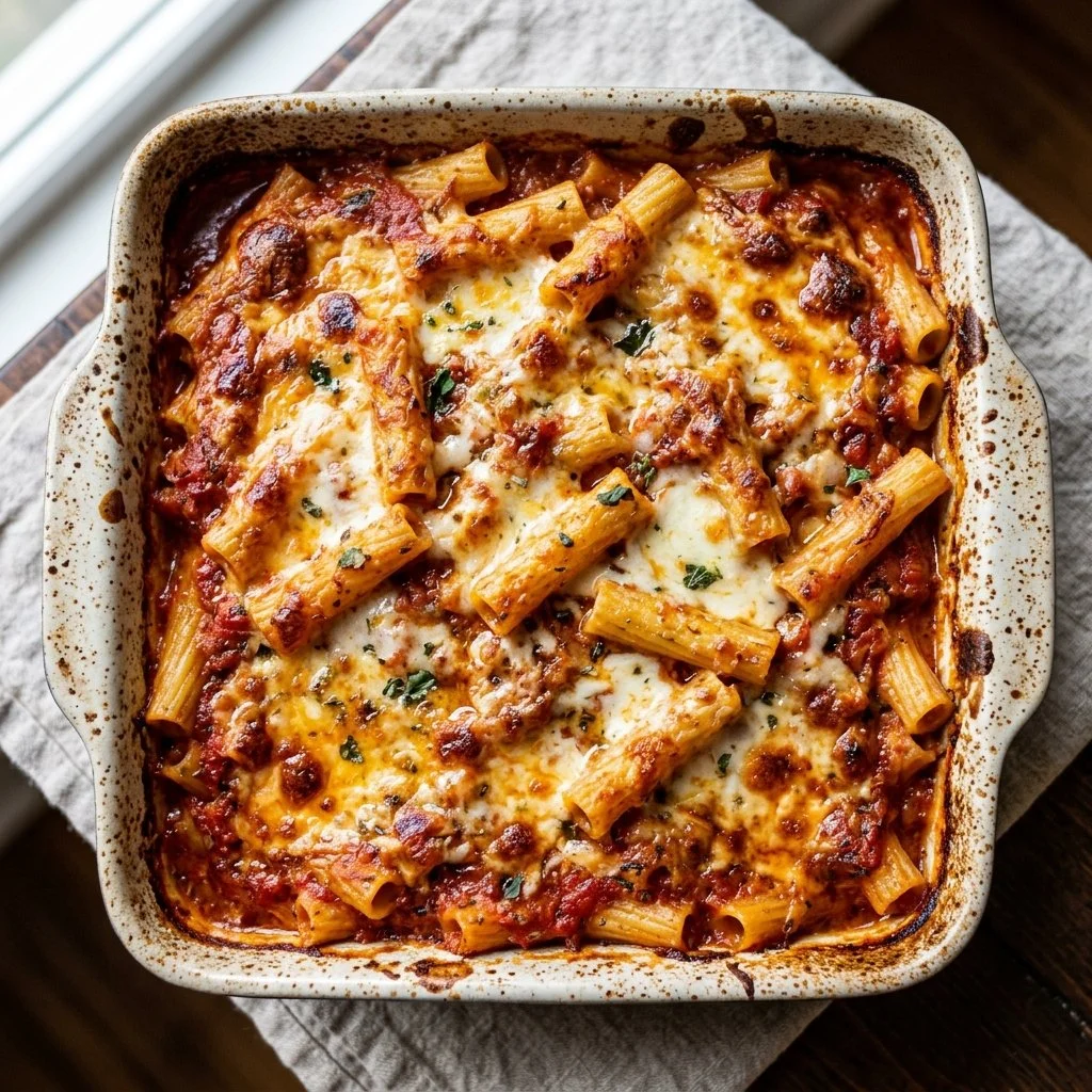Delicious baked ziti topped with melted cheese and fresh herbs in a casserole dish.