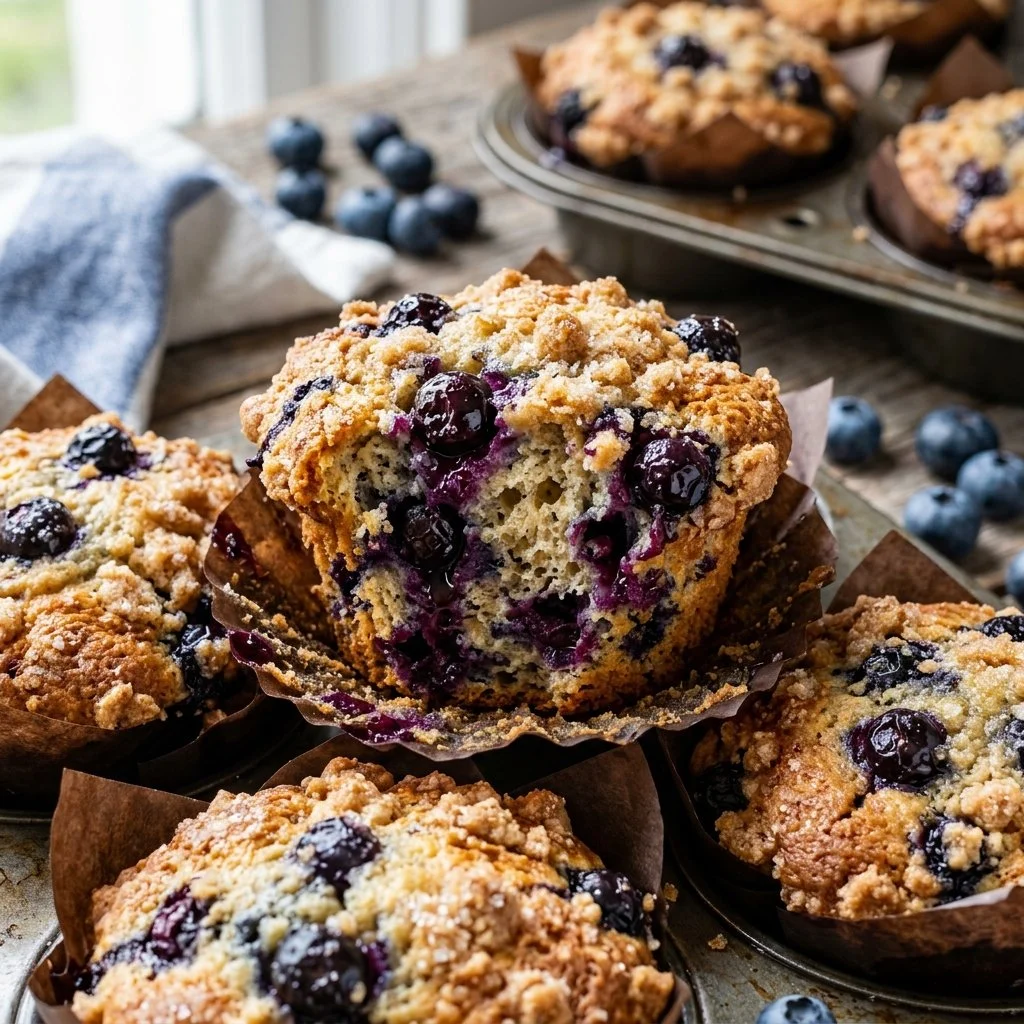 Bakery style blueberry muffins freshly baked and topped with blueberries