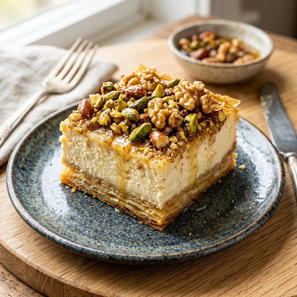 Delicious baklava cheesecake garnished with nuts and honey