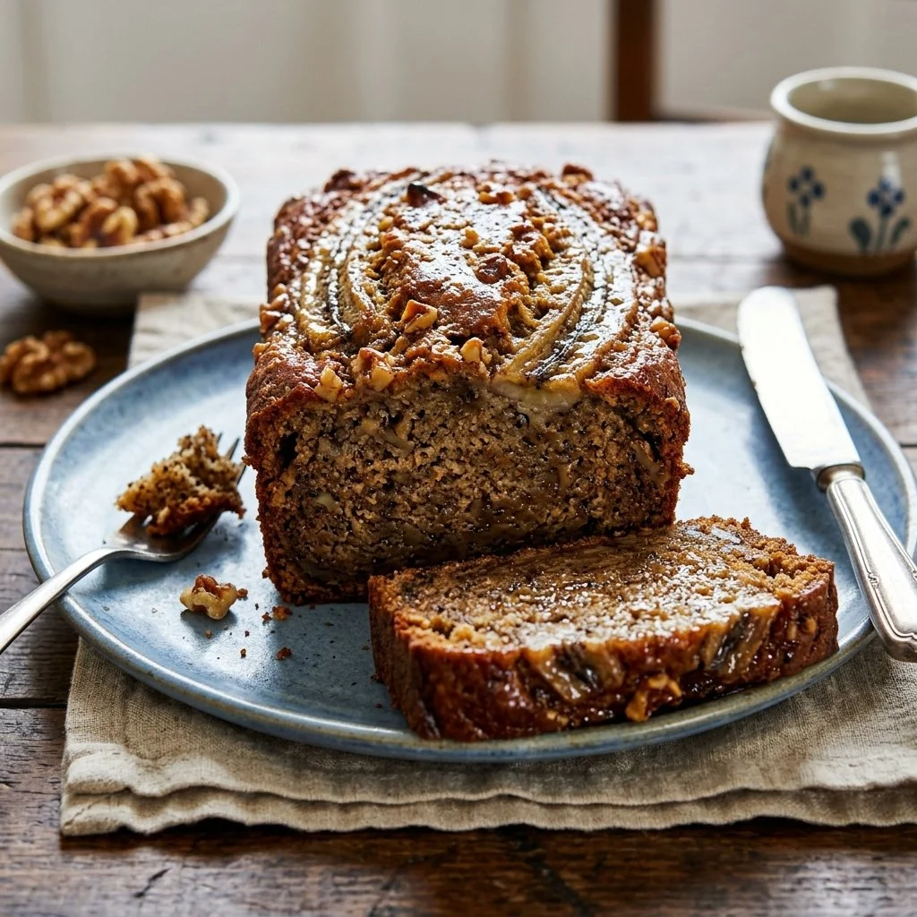 Delicious homemade banana bread with nuts and chocolate chips