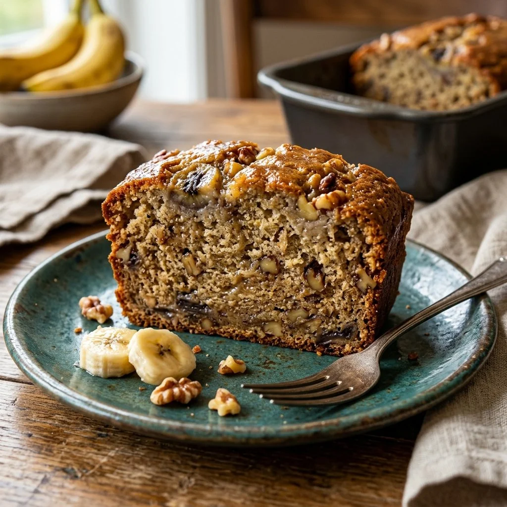 Freshly baked banana bread sliced and ready to serve