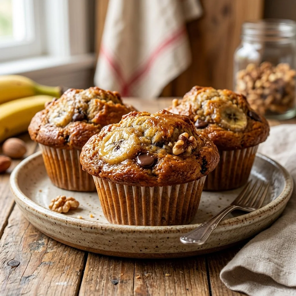 Freshly baked banana bread muffins on a rustic wooden table