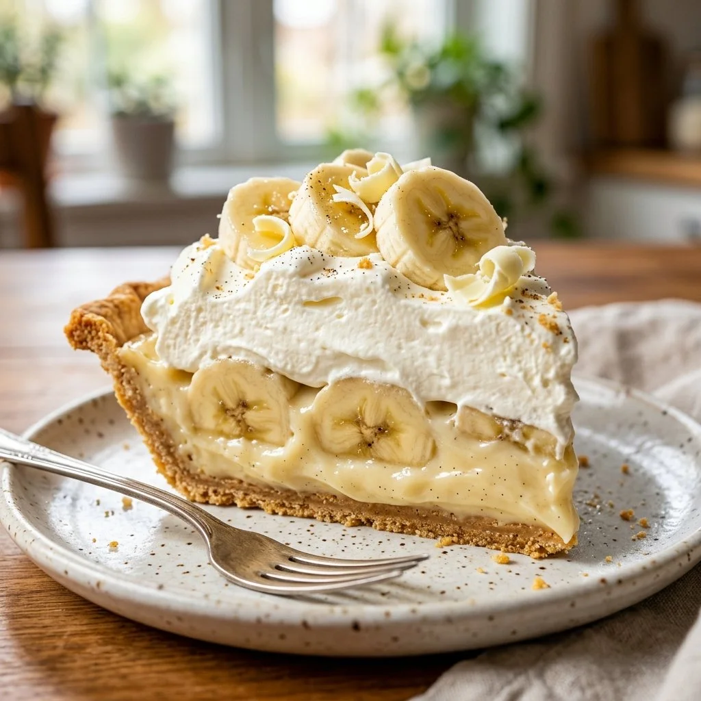Delicious slice of homemade Banana Cream Pie topped with whipped cream
