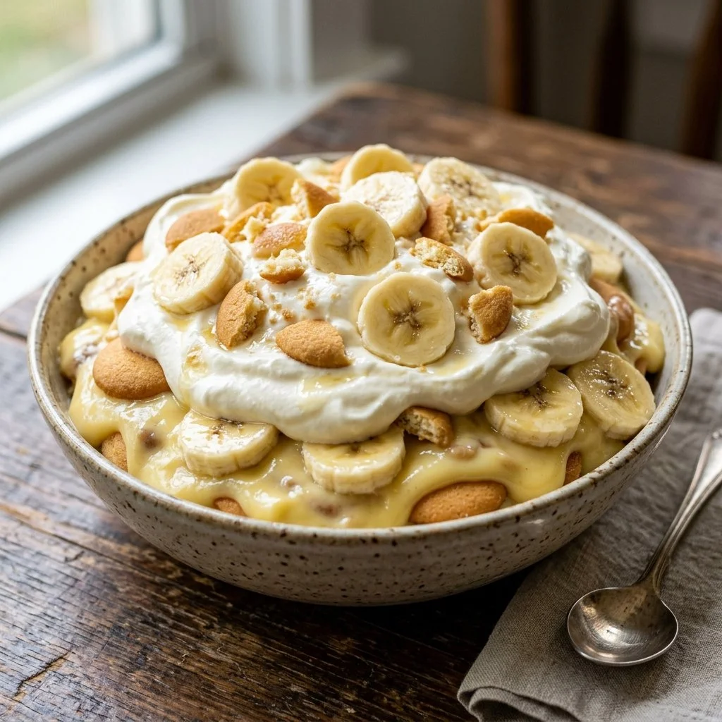 Delicious banana pudding served in a glass bowl with vanilla wafers and banana slices