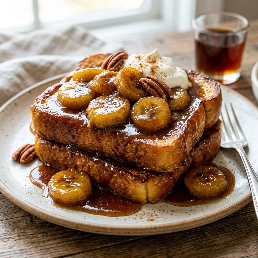 Delicious Bananas Foster French Toast topped with caramelized bananas and syrup.