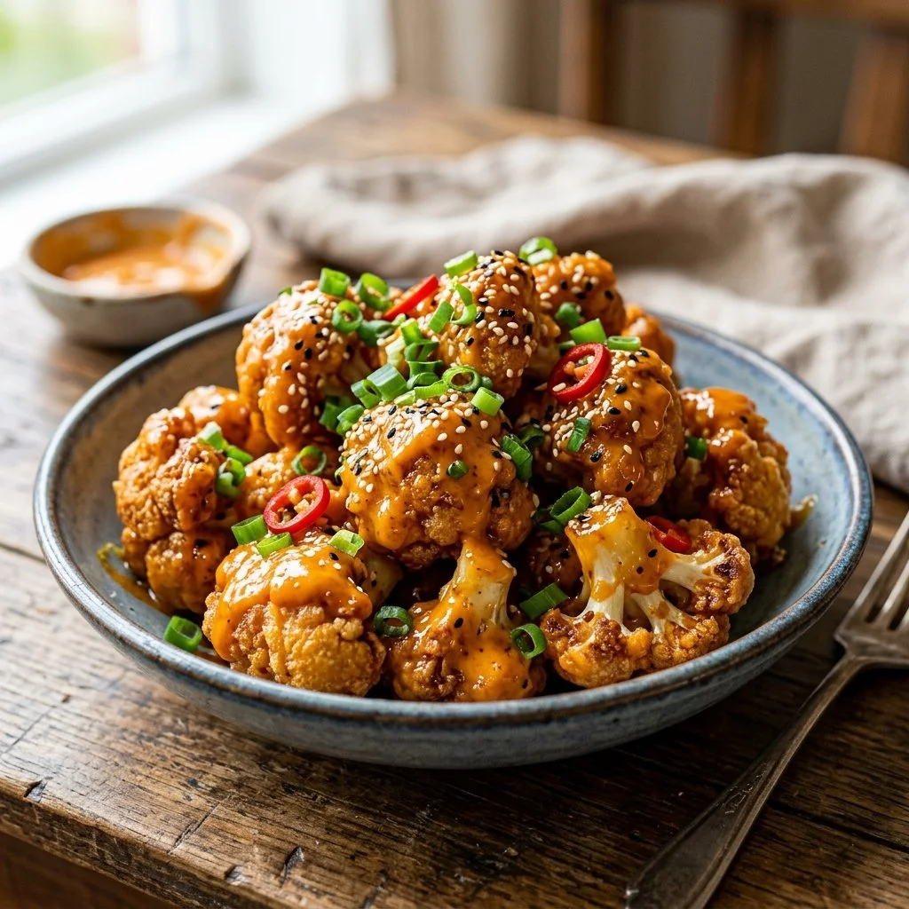 Crispy Bang Bang Cauliflower served with a spicy dipping sauce