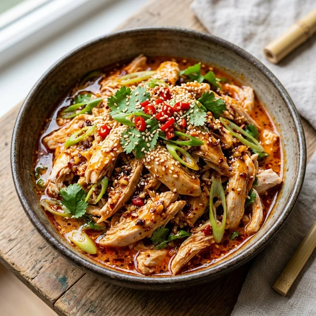 Plate of spicy Bang Bang Chicken garnished with green onions and sesame seeds