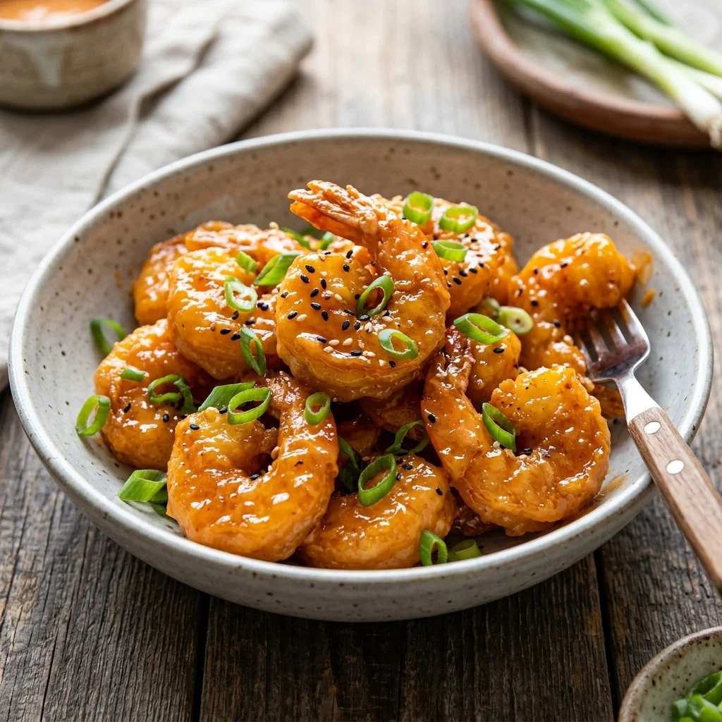 Delicious Bang Bang Shrimp served in a bowl with spicy sauce and garnishes