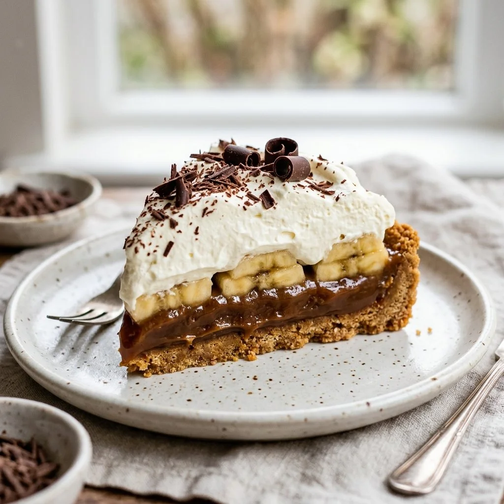 Delicious homemade Banoffee Pie with bananas, caramel, and cream