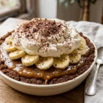 Delicious slice of Banoffee Pie topped with whipped cream and banana slices.