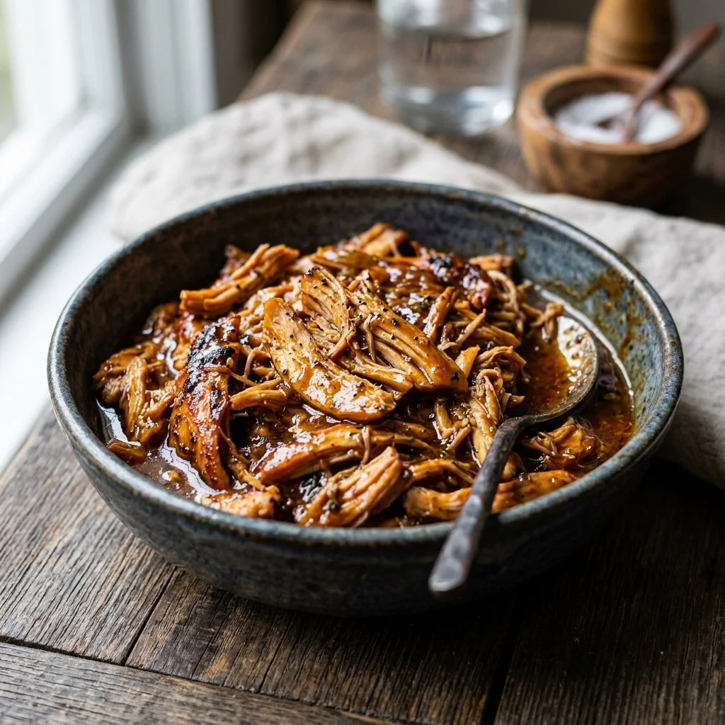 Delicious BBQ Pulled Chicken served on a bun with coleslaw