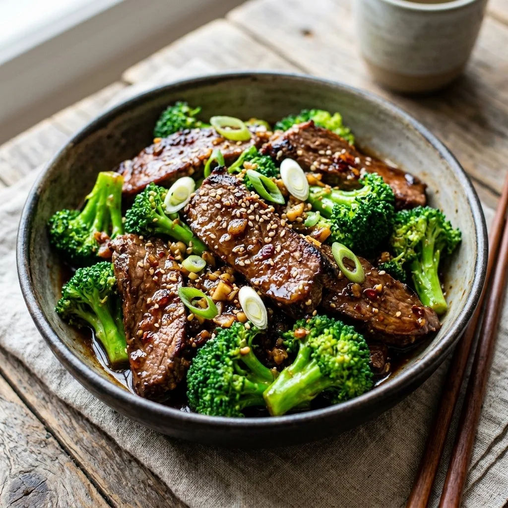 Delicious Beef and Broccoli stir fry served in a colorful bowl