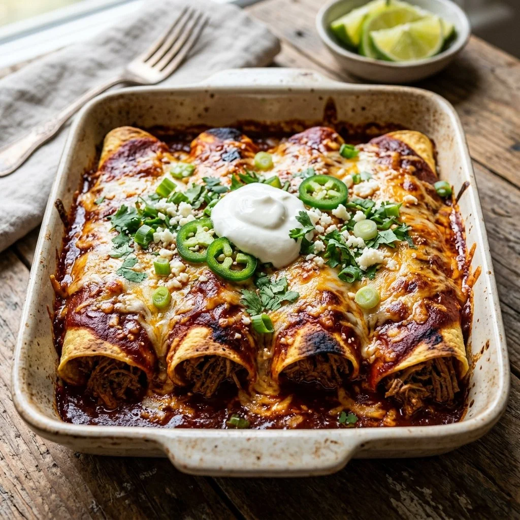 Delicious beef enchiladas topped with cheese and sauce on a plate