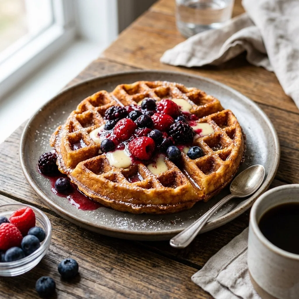 Delicious golden Belgian waffles topped with fresh strawberries and whipped cream