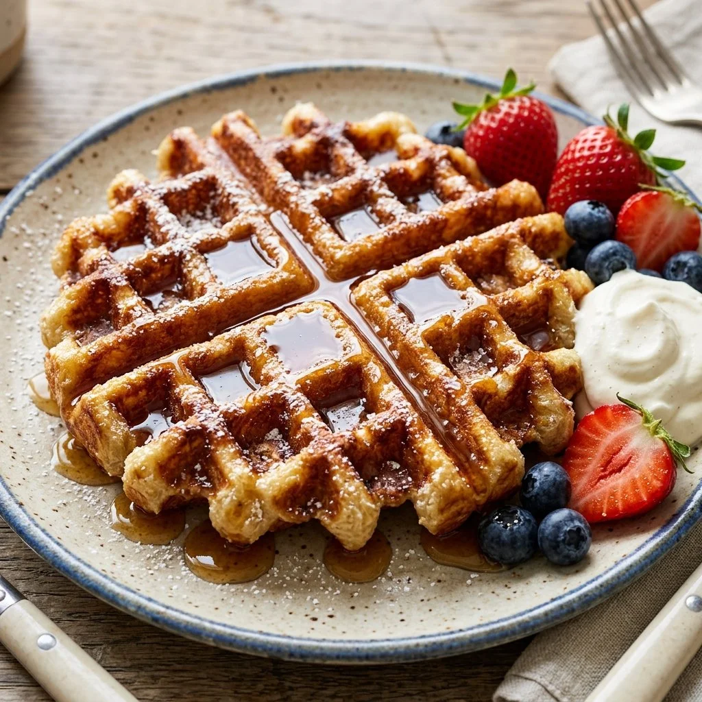 Delicious Belgian Waffles topped with fresh fruits and syrup on a plate