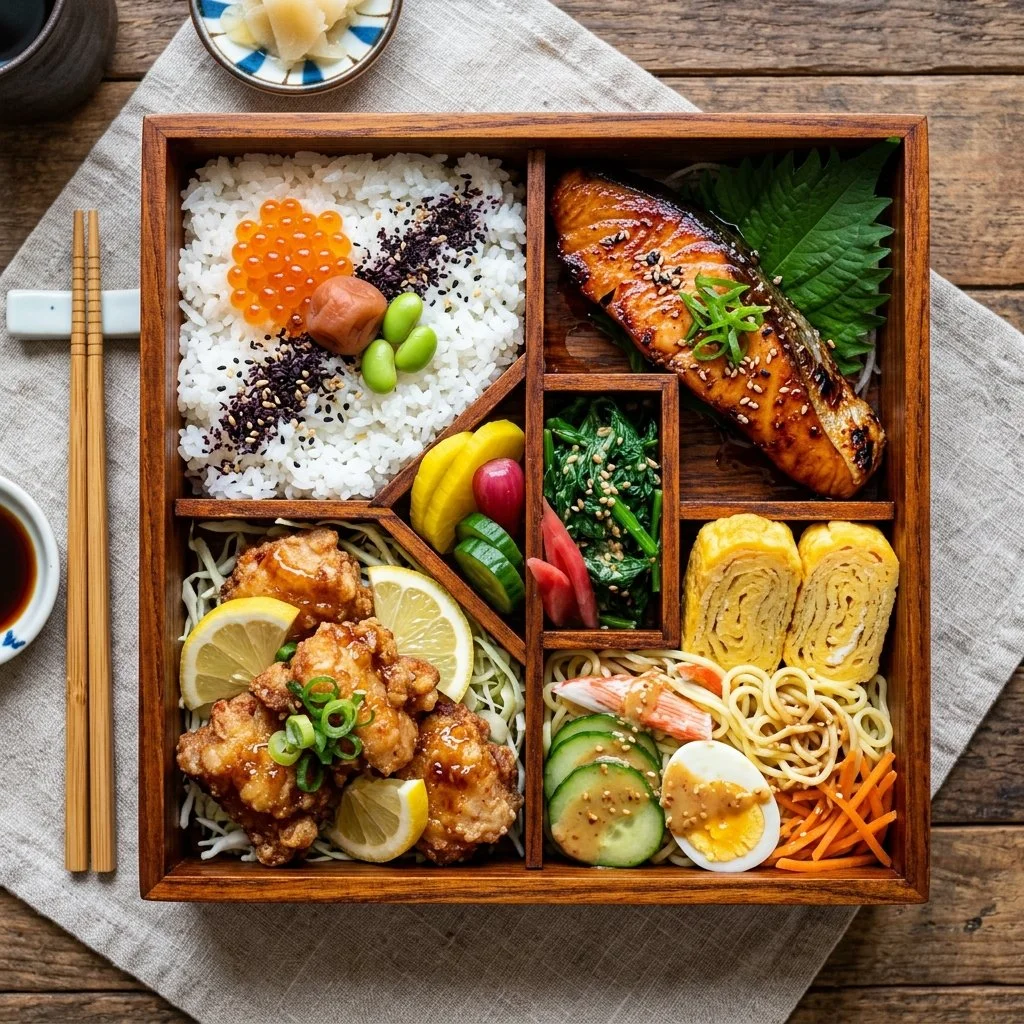 Colorful bento box lunch with a variety of nutritious foods.