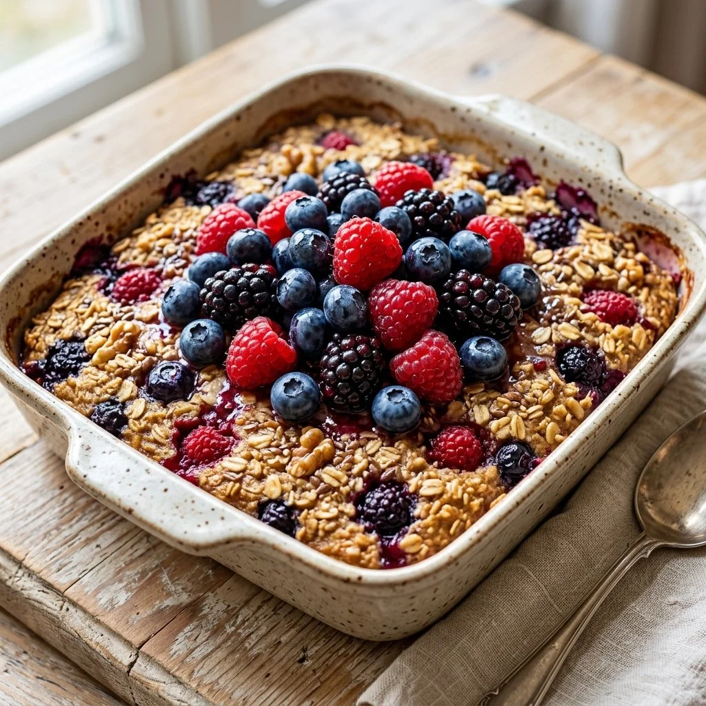 Delicious berry baked oatmeal topped with fresh fruits and nuts