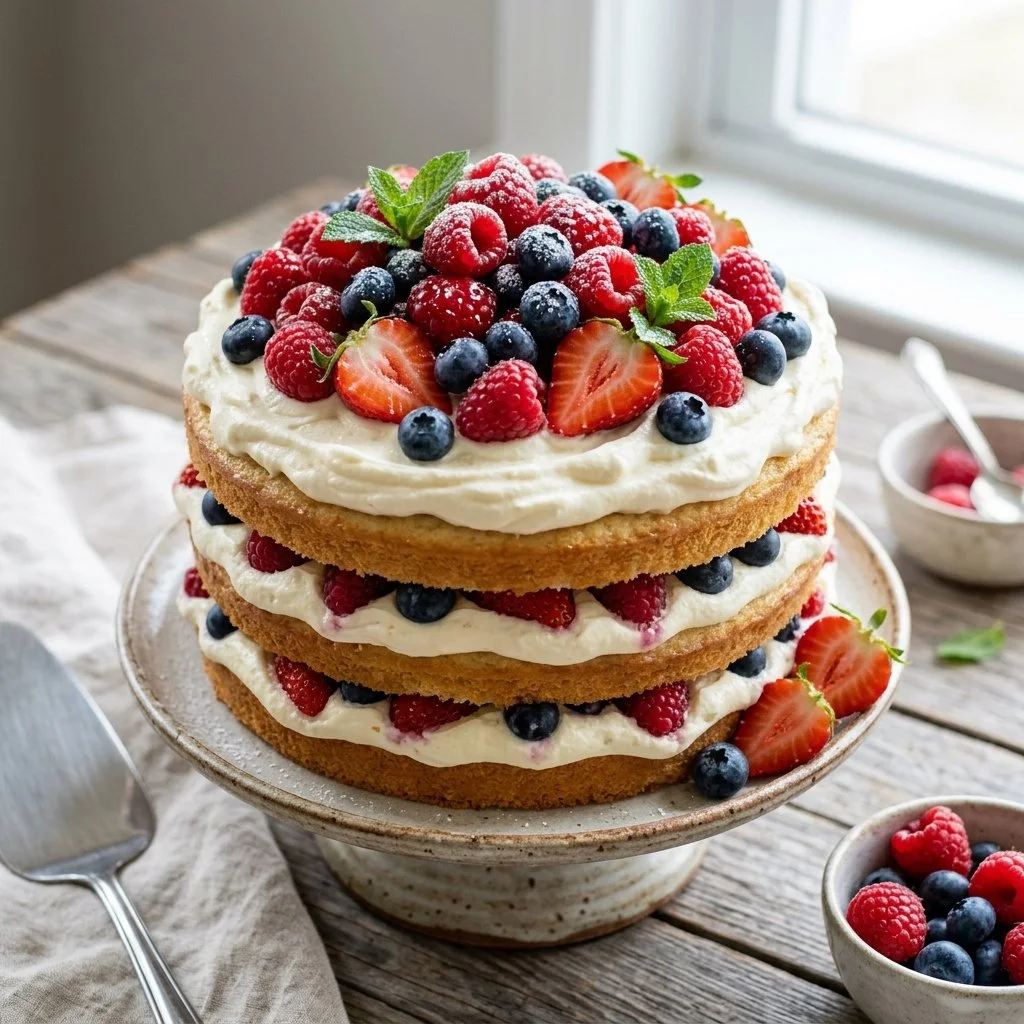 A delicious Berry Chantilly Cake topped with fresh berries and whipped cream