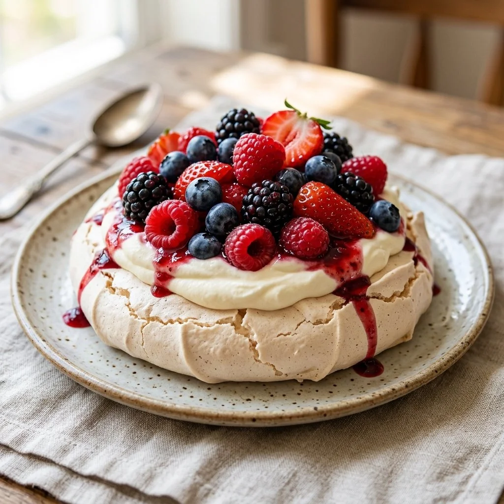 Delicious Berry Pavlova dessert topped with fresh strawberries and blueberries.