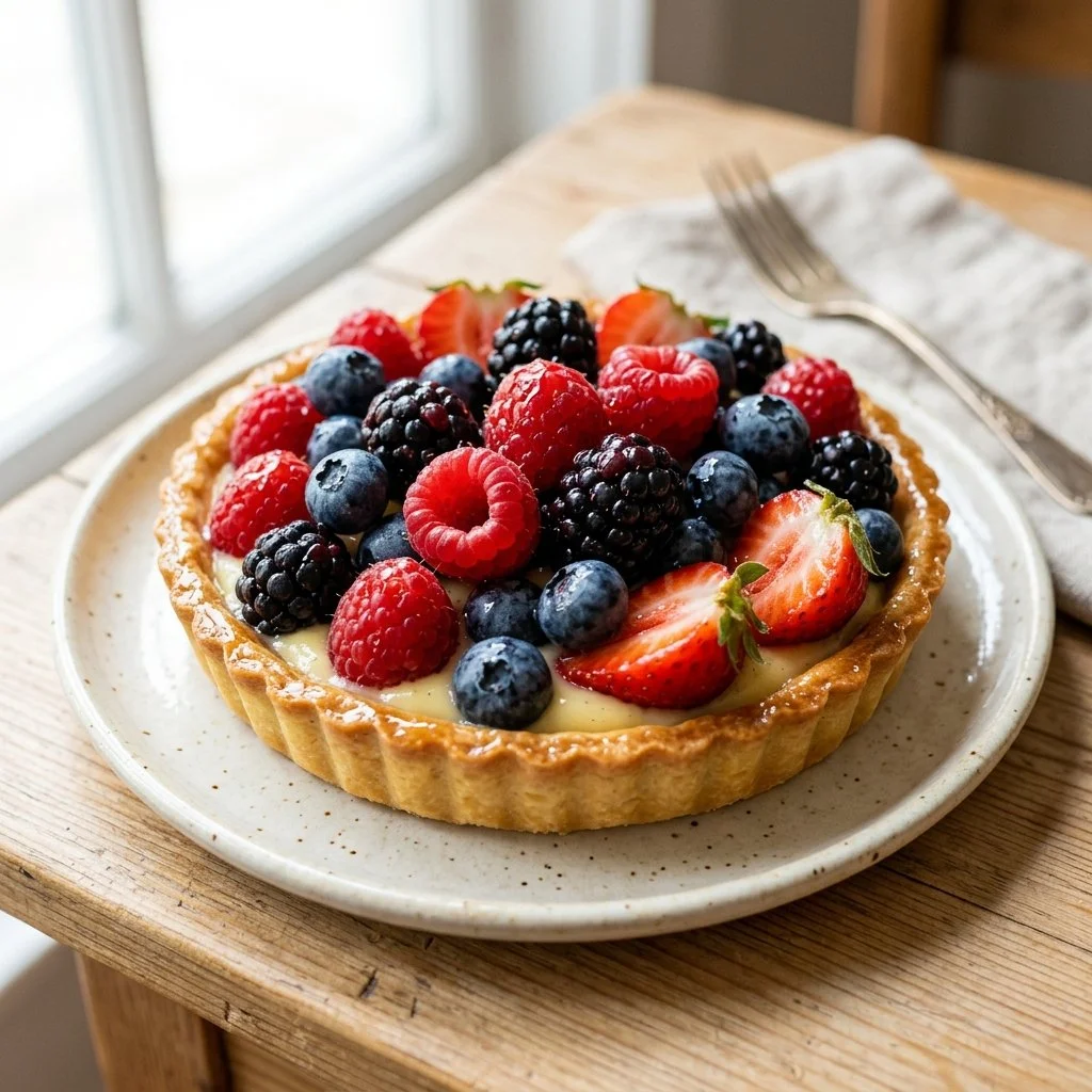 Delicious homemade berry tart topped with fresh berries and cream