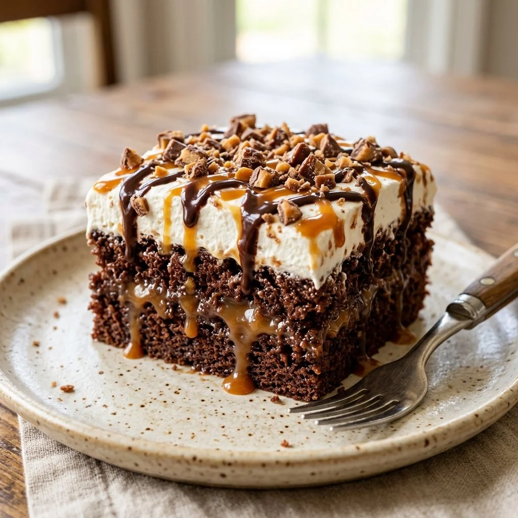 Decadent Better Than Sex Cake topped with chocolate and caramel