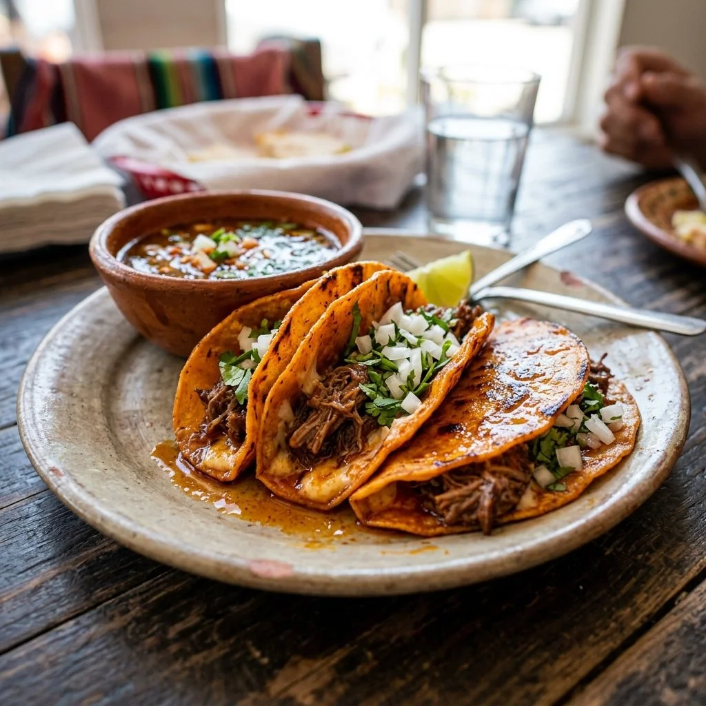 Delicious Birria Tacos served with consomé for dipping