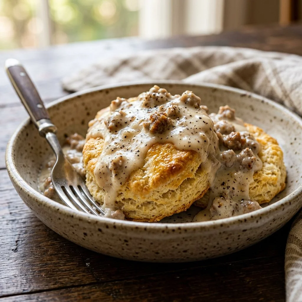 Plate of homemade biscuits and gravy topped with sausage and herbs.