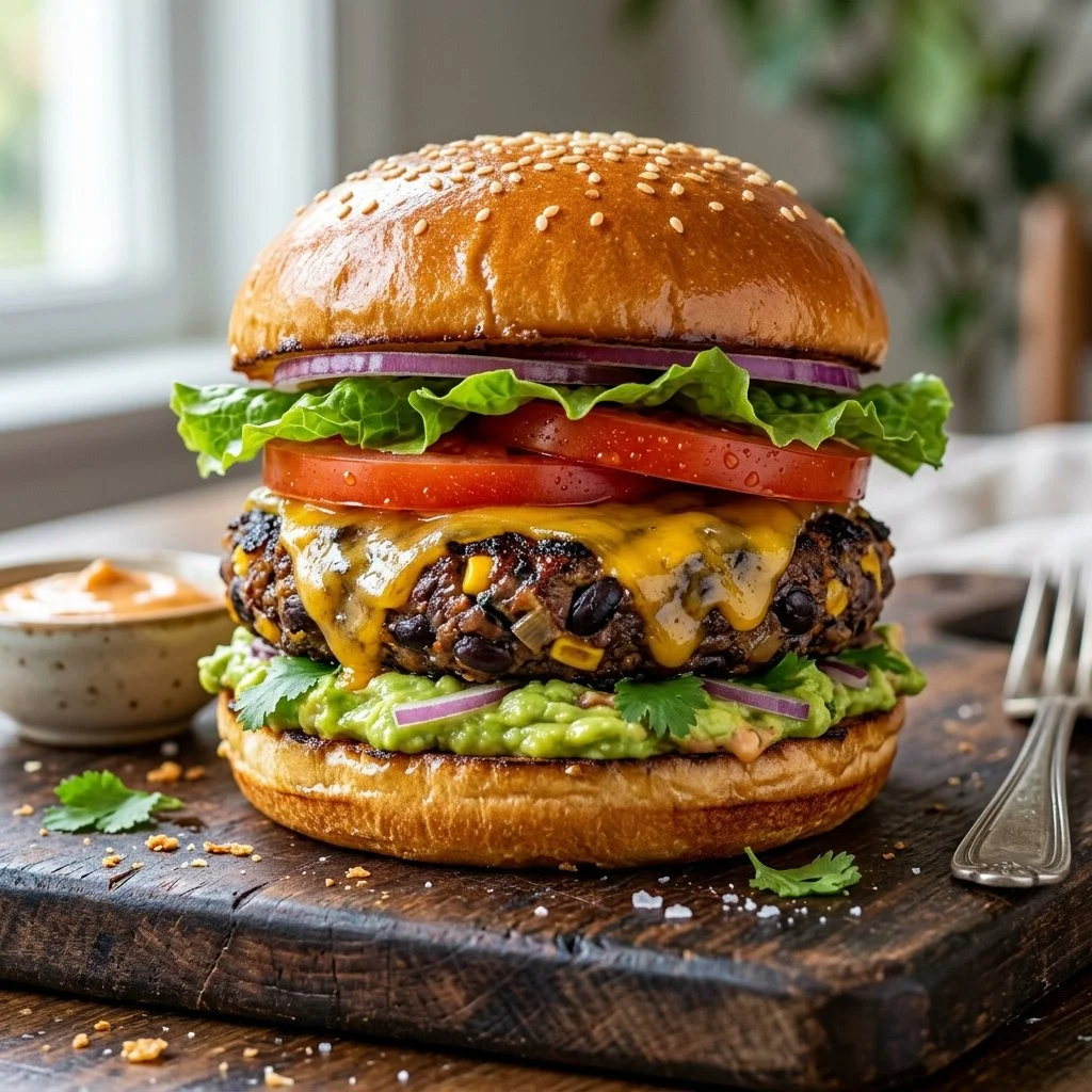 Homemade black bean burgers on a plate with fresh toppings