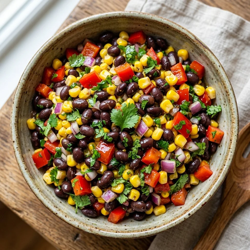 Healthy black bean corn salad with fresh vegetables and vibrant colors