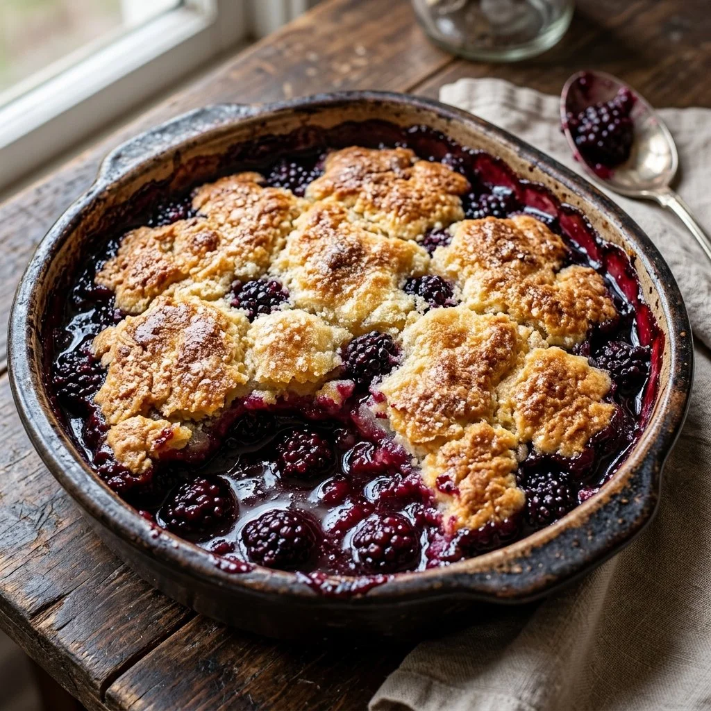 Delicious homemade Blackberry Cobbler served warm with ice cream.