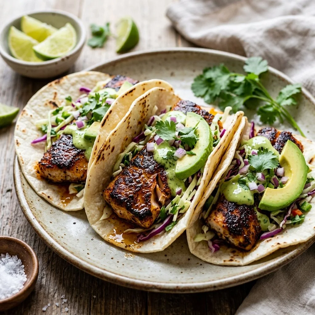 Delicious blackened Mahi Mahi tacos served with fresh toppings
