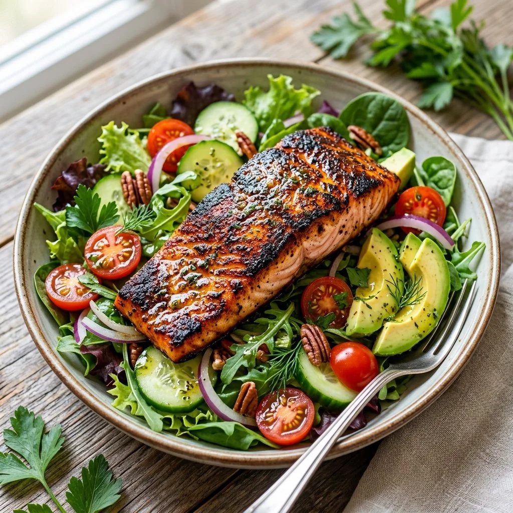 Blackened salmon salad with fresh greens and vibrant toppings