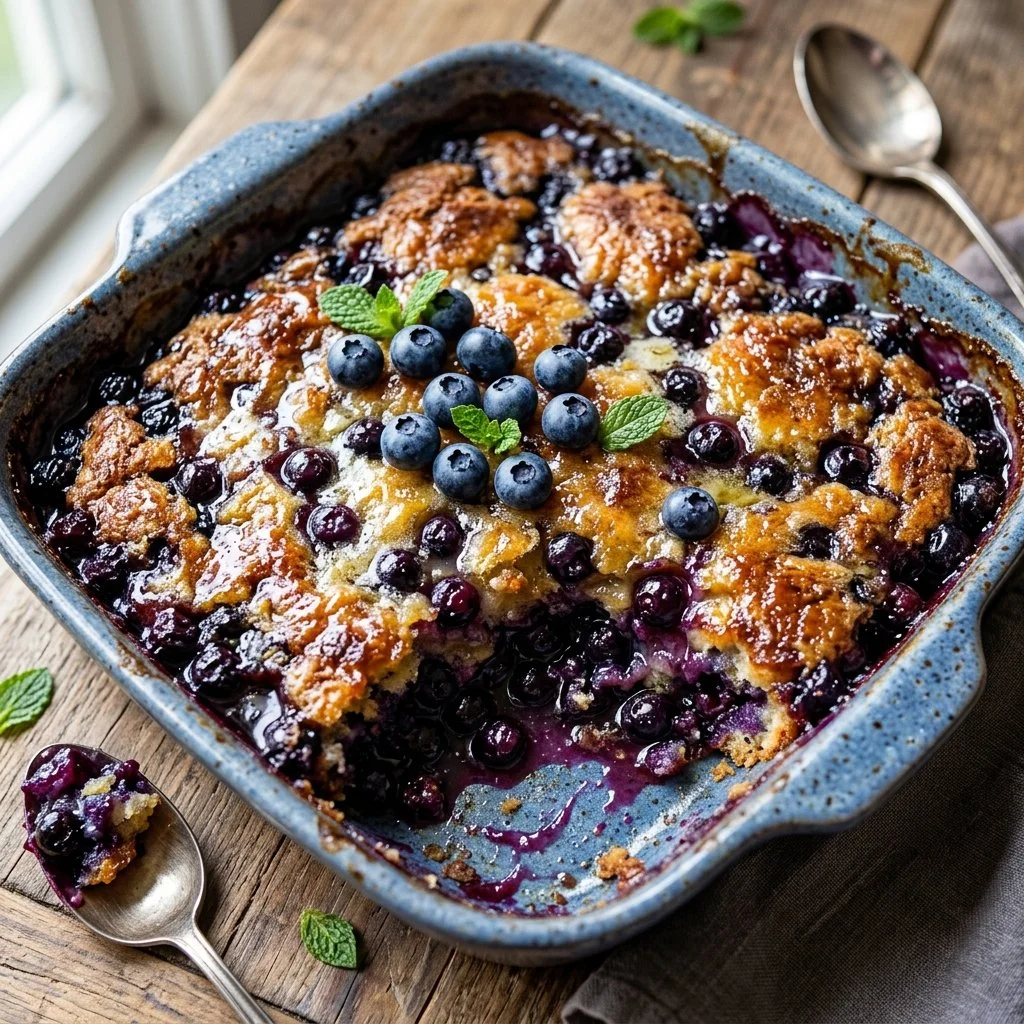 Delicious homemade blueberry dump cake served with whipped cream