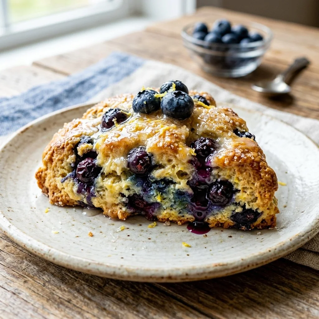 Freshly baked blueberry lemon scones on a cooling rack