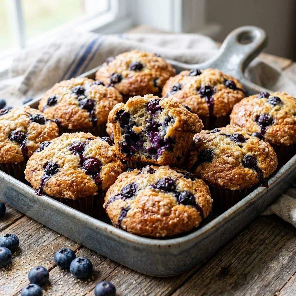 Freshly baked blueberry muffins with plump blueberries and a golden brown crust.