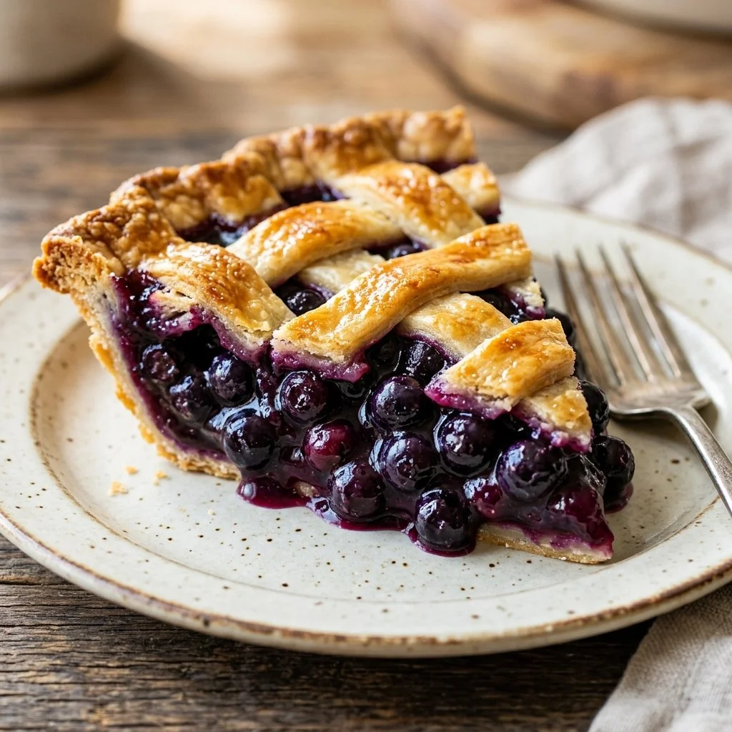 Freshly baked blueberry pie topped with a golden crust and blueberries
