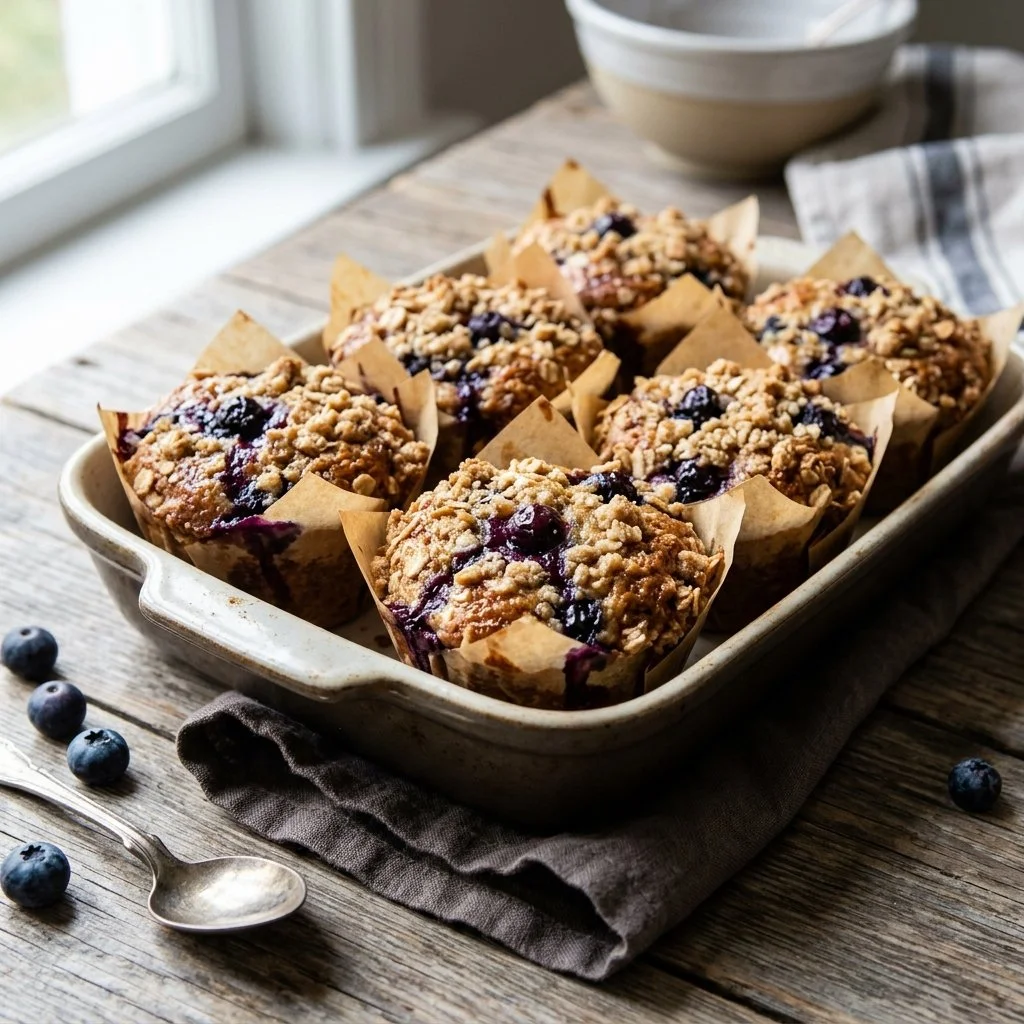 Freshly baked Blueberry Streusel Muffins on a wooden table