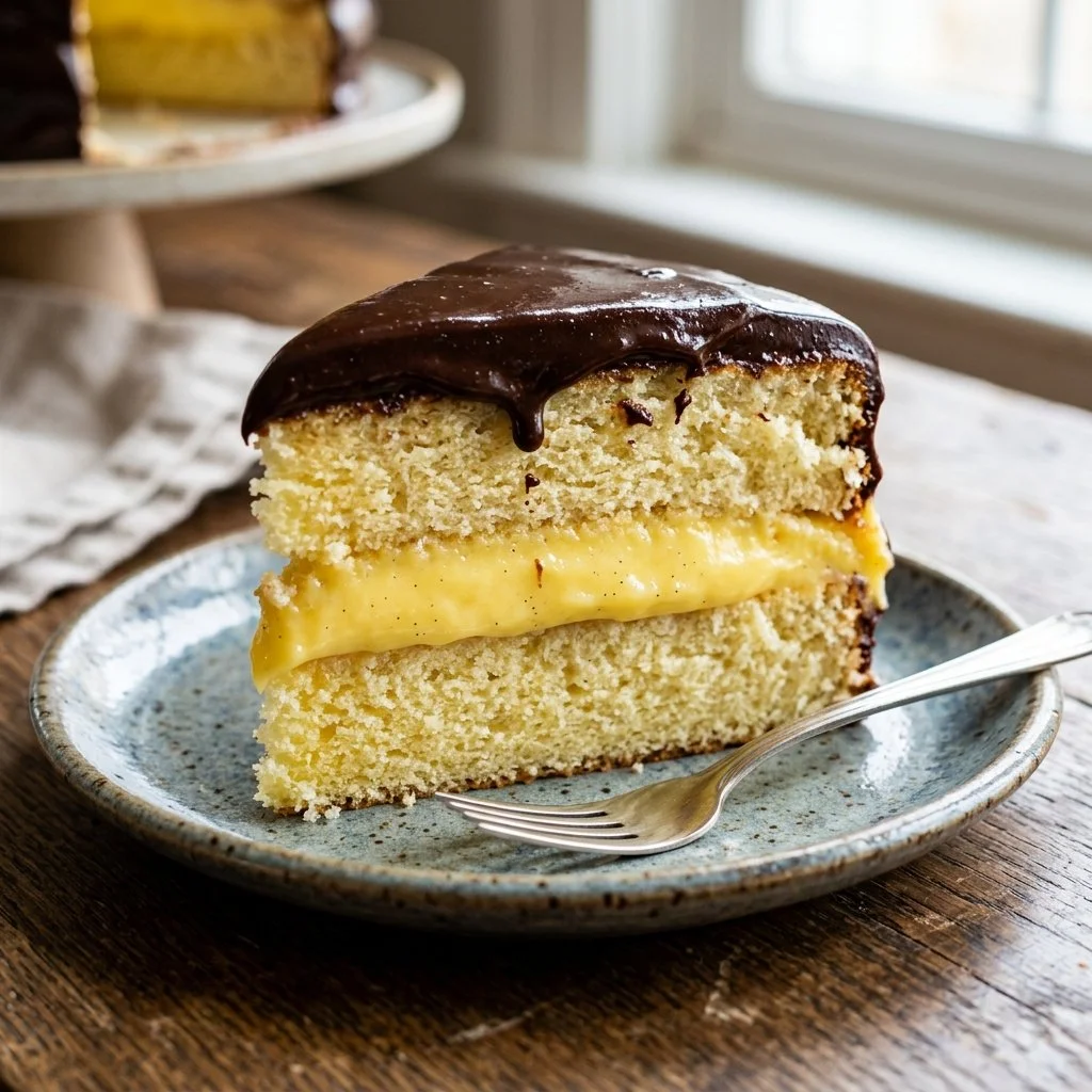 A slice of Boston Cream Pie with chocolate glaze and custard filling.